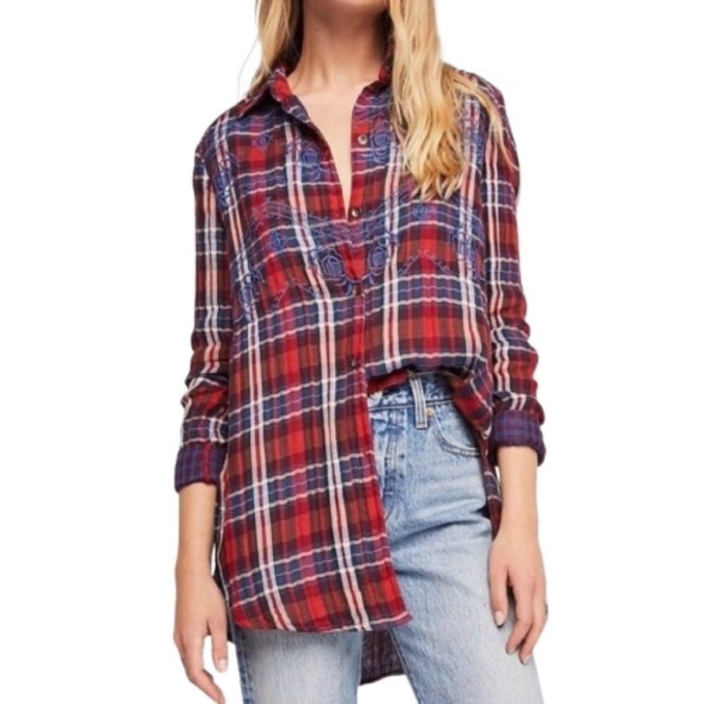Free People Red/Blue/White Plaid Magical Embroidered Shirt Size S High-Low Hem